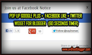 60 Second Timer Pop up Box For Facebook,Twitter and Google plus Widget For Blogger
