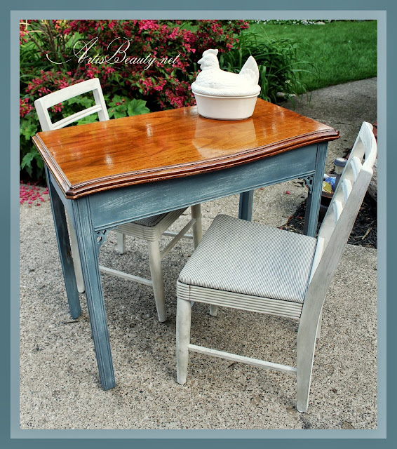 Extensole Table and roadside rescue Chair Makeover. Garage sale fabric finds diy before and after 