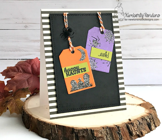 Halloween Card by Kimberly Rendino | Newton's Nook Designs | handmade card | tags | spider | graveyard | glitter embossing | stamping | clear stamps | papercraft