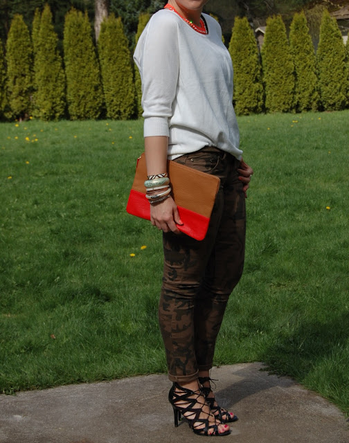 Camouflage skinny jeans, Gap clutch, Prabal Gurung for Target cage heels