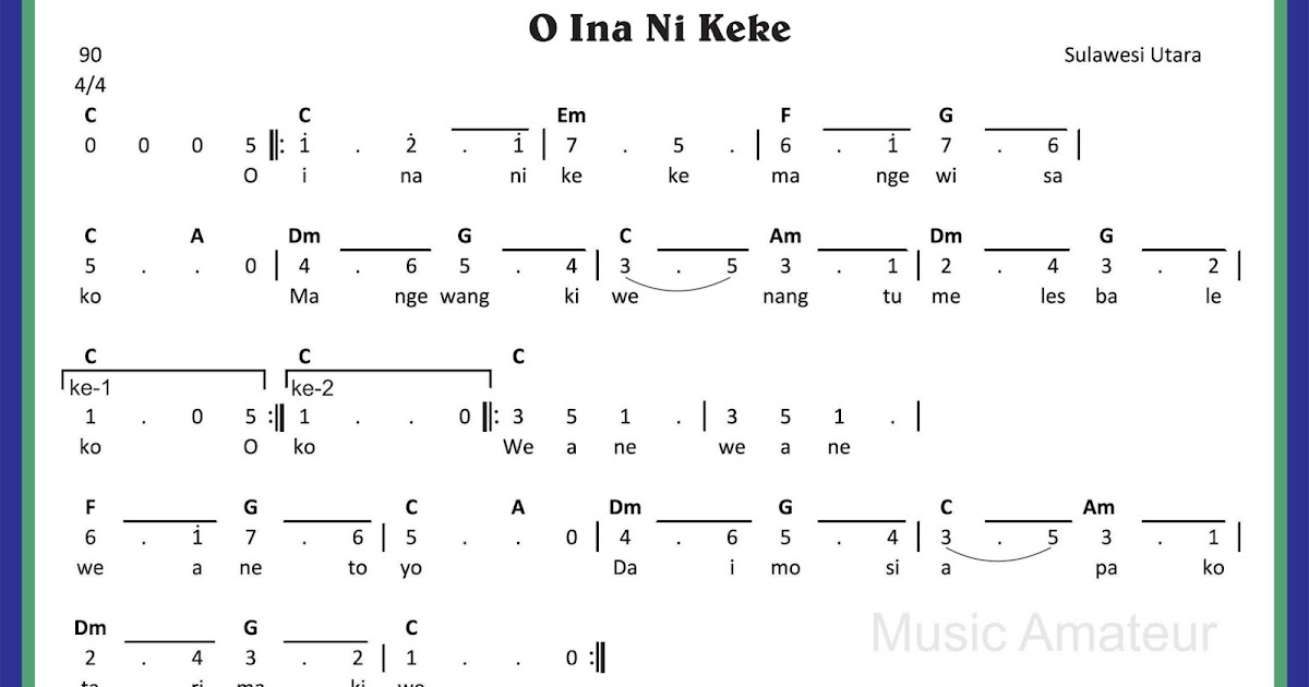 Not Angka Lagu Daerah O Ina Ni Keke Not Angka Lagu Daerah O Ina Ni Keke