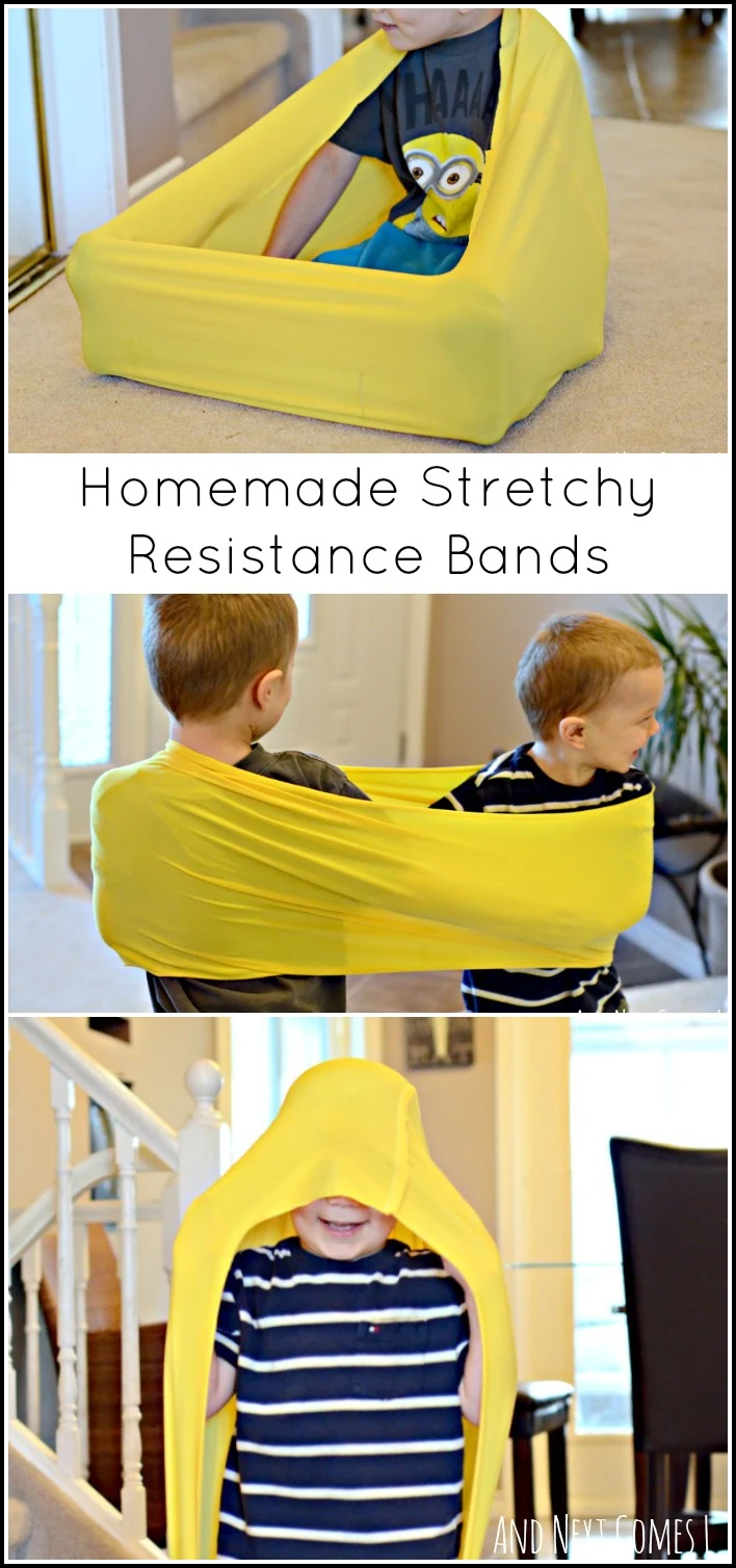 Tutorial for making your own stretchy resistance bands for proprioceptive sensory input for fidgety kids and for kids with sensory processing disorder and/or autism. Includes suggestions on how to use them from And Next Comes L