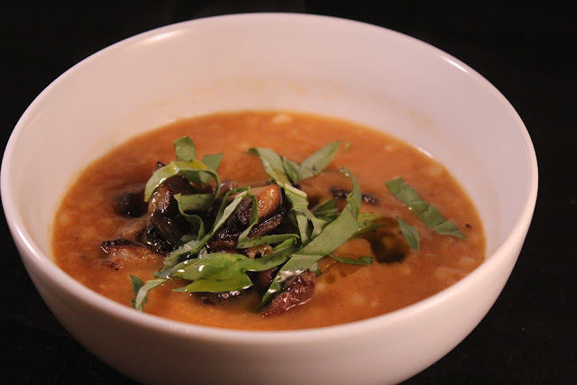 Burnt eggplant soup with Israeli couscous