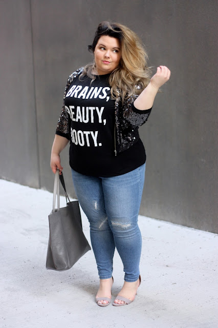 BRAINS, BEAUTY, BOOTY. T-shirt as worn by Natalie Craig, blogger of plus size fashion blog Natalie In The City.  PYGEAR.COM