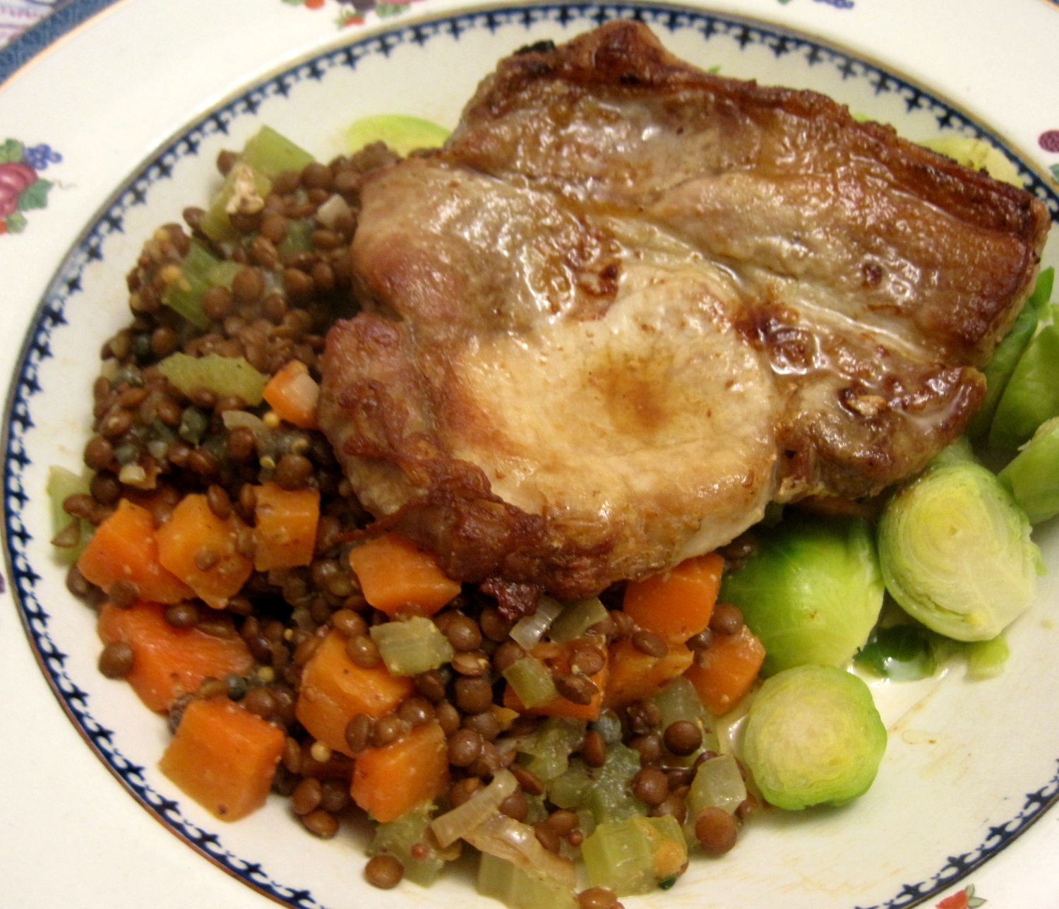Lynne's Dinners Puy Lentils with Celery and Carrots, and a Pork Chop