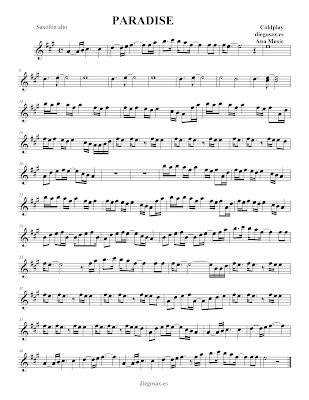 Paradise, de Colplay - Partitura para flauta, clarinete, saxofón, violín, trompeta, acompañamiento...