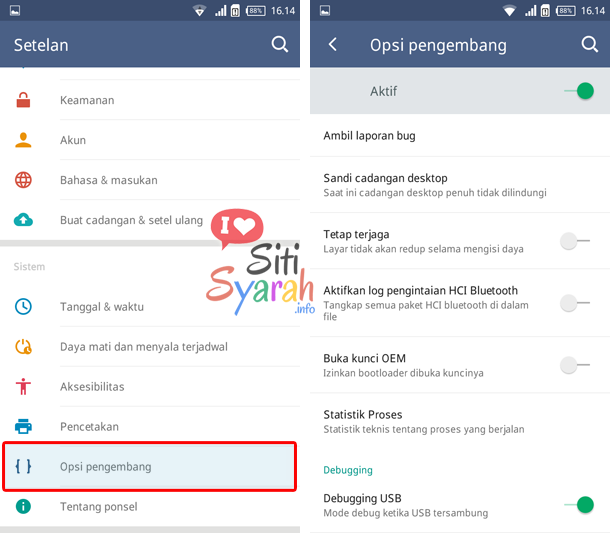 tidak ada opsi pengembang di android