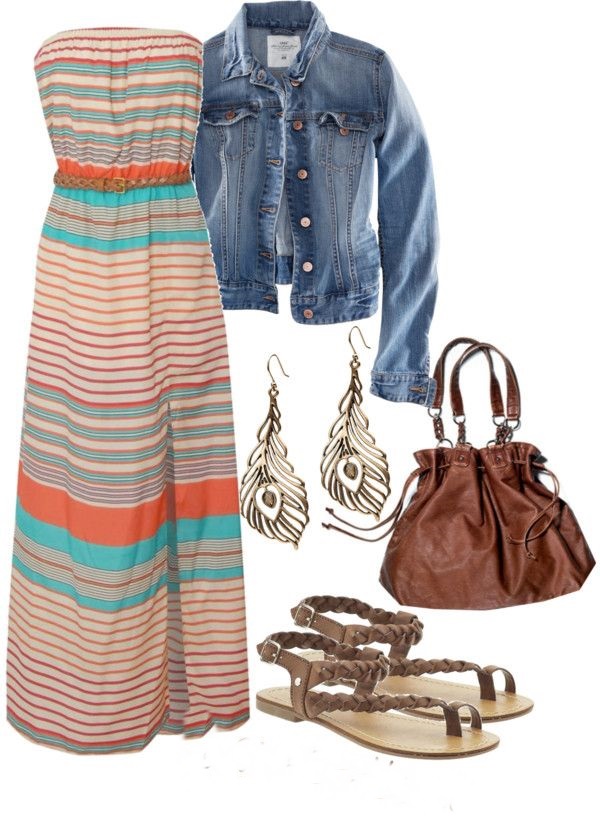 Summer Outfit Collection Of Maxi Dress, Denim Jacket, Handbag And ...