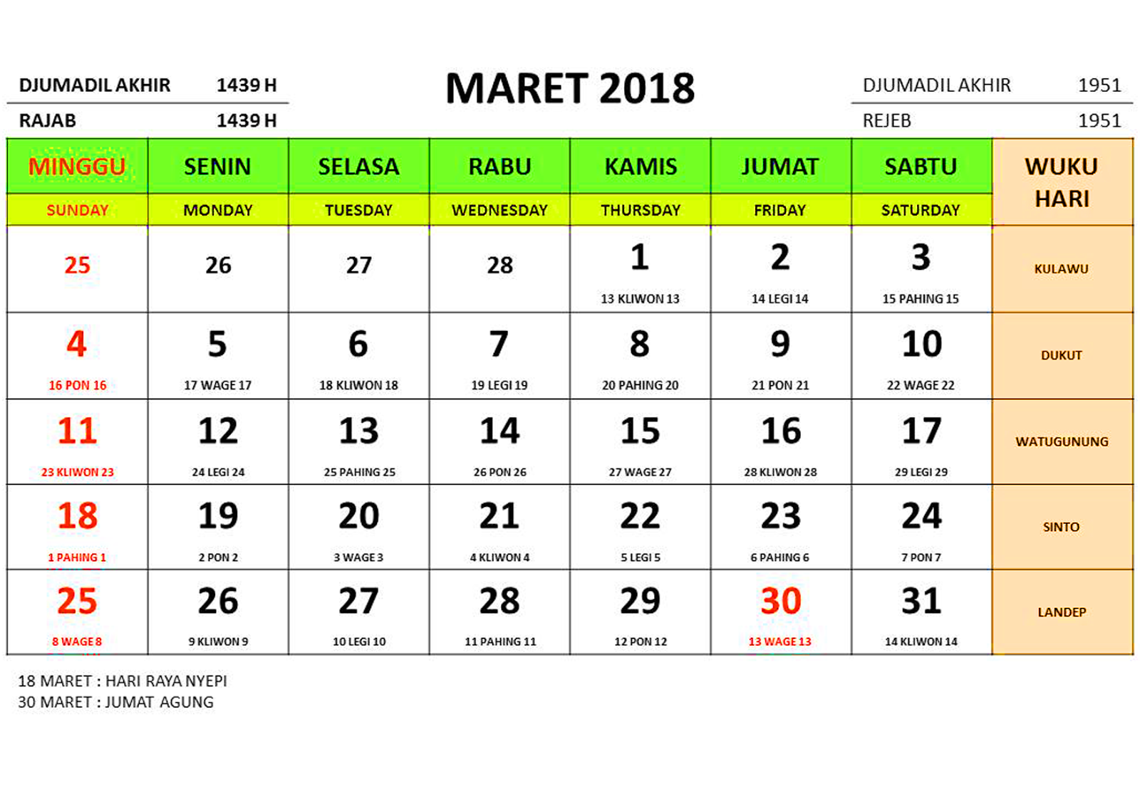 Kalender tahun 2018 masehi islam jawa dan libur nasional
