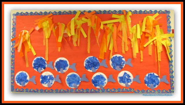 photo of: Summer Bulletin Board of Crepe Paper Sunshines and Fingerpainted Fish at "PreK+K Sharing" 