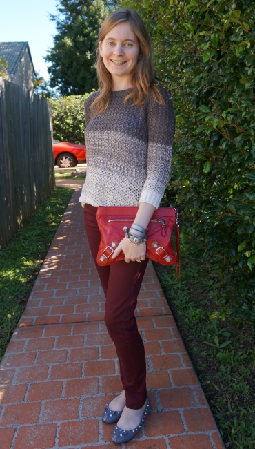 Away From Blue | Aussie Mum Away From The Jeans Rut: Ombre Knit, Pants, Balenciaga Sang Clutch | Grey Tee, Red Skinnies, Chloe Bag