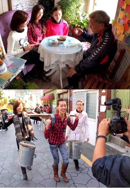 （上）三位美姐在甘川文化村接受考验，亲自烹煮大马肉骨茶给当地居民品尝。 （下）Zhiny输了“Running Pageant”的游戏挑战，接受惩罚挑着盛满水的水桶游街示众