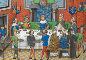 John of Gaunt, Duke of Lancaster dining with the King of  Portugal -Chronique d' Angleterre (Volume III) (late 15th Century)