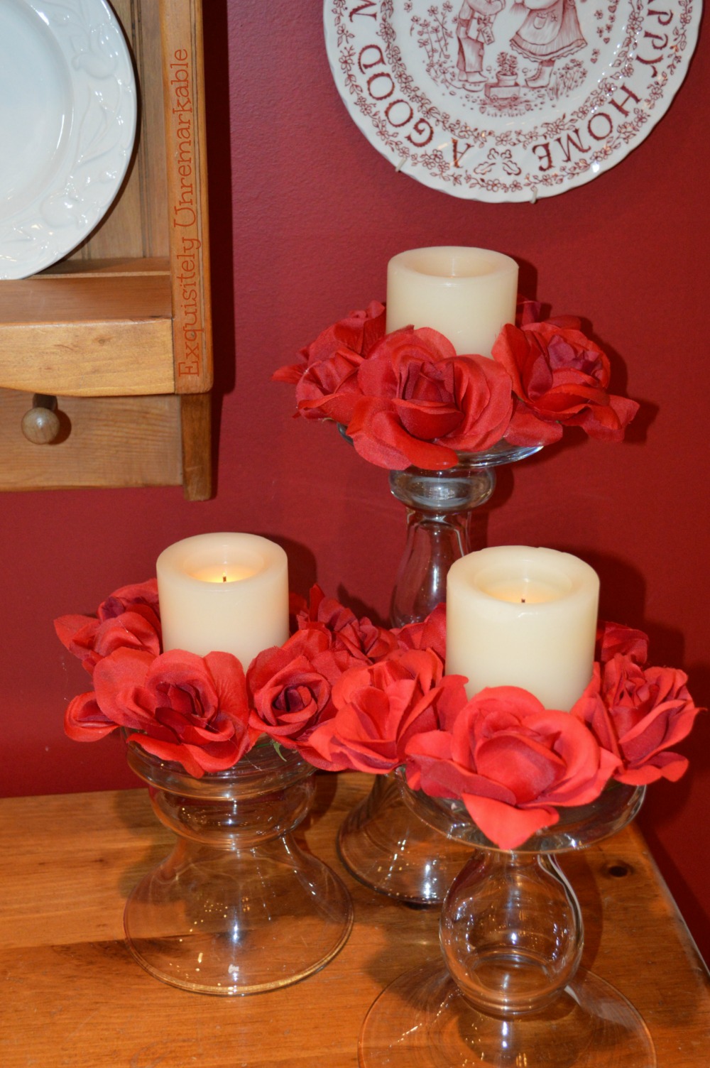 Floral Candle Rings over white battery candles on glass stands