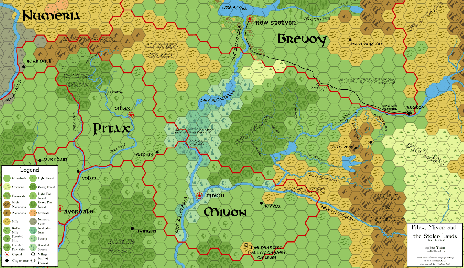 Pathfinder Kingmaker World Map Lost Atlases: Map: Pitax, Mivon And The Stolen Lands At 12Mi To The Hex  With Some Geographic And Geologic Notes.