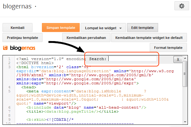 Cara Mencari Kode pada Edit HTML Blog Sekali Enter