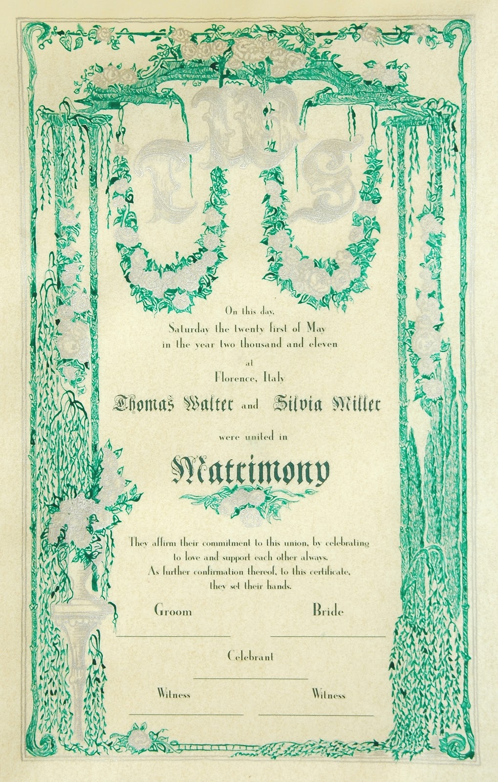 Handmade Ceremony Certificates Wedding Certificate Silver Roses