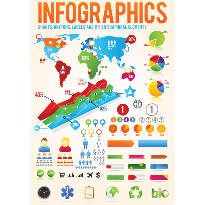 Vector Infographic designer Kit Charts, Buttons and Labels