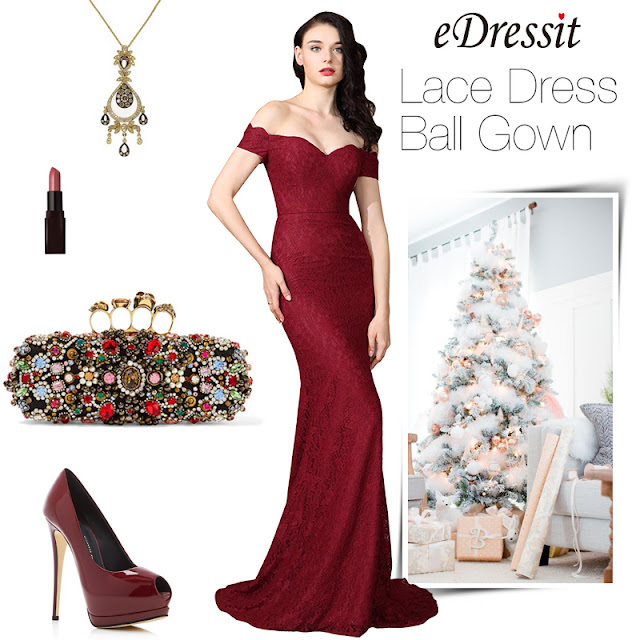 eDressit Off Shoulder Sexy Burgundy Lace Dress Ball Gown