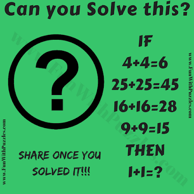 If 4+4=6, 25+25=45, 16+16=28, 9+9=15 Then 1+1=?. Can you solve this Logic about Math Numbers Problem for Teens?