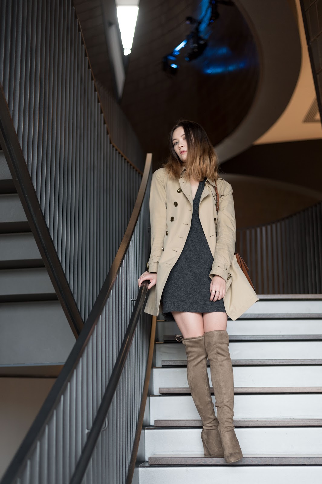burberry trench, chloe faye, over the knee boots, studio bell, calgary