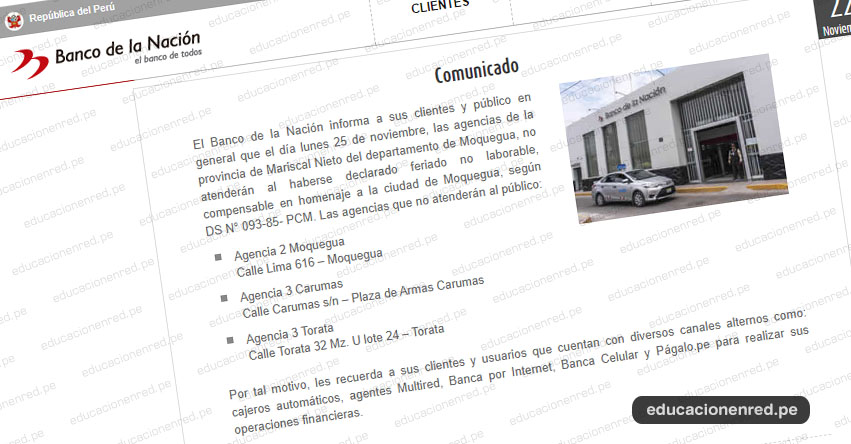 BN: Banco de la Nación no atenderá el lunes 25 de noviembre en las agencias de la provincia de Mariscal Nieto - Moquegua - www.bn.com.pe BN: Banco de la Nación no atenderá el lunes 25 de noviembre en las agencias de la provincia de Mariscal Nieto - Moquegua - www.bn.com.pe