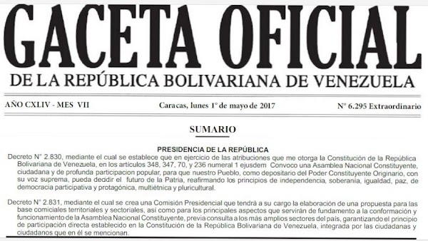 En Gaceta Extraordinaria N° 6.295 "Decreto de convocatoria a Asamblea Nacional Constituyente" En Gaceta Extraordinaria N° 6.295 "Decreto de convocatoria a Asamblea Nacional Constituyente"