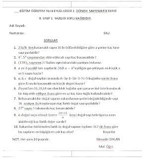 Ders 2013: 9.sinif matematik 2.dönem 1.yazili sorulari
