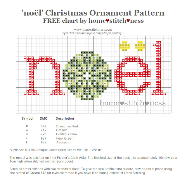 Free Noel Cross Stitch Sea Urchin Christmas Decoration Design New Zealand Australia