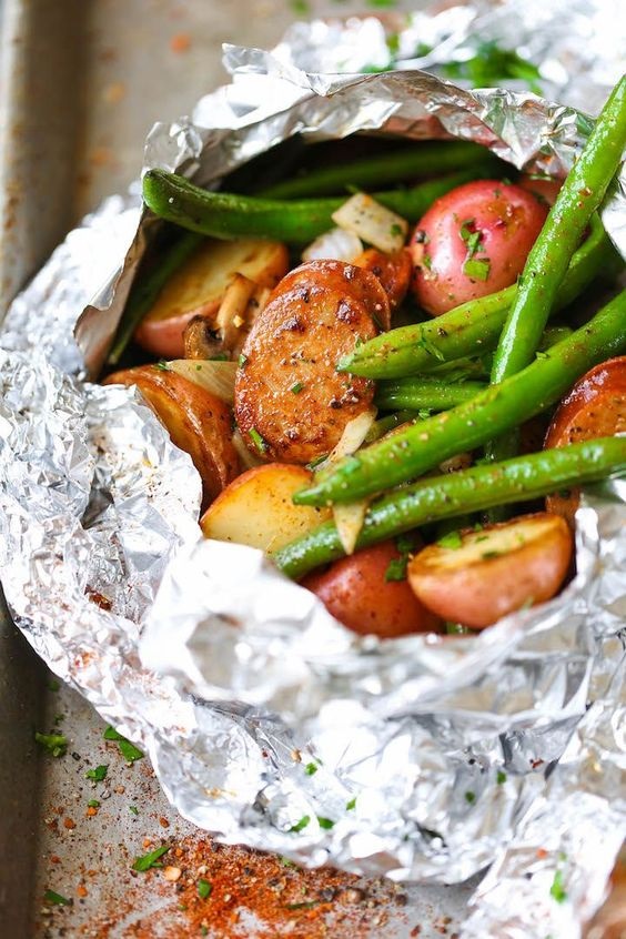 Sausage, Potato And Green Bean Foil Packets