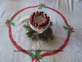 EEclectic Red Barn: Candle centerpiece with fresh cranberries on table