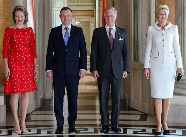 Queen Mathilde wore Natan lace dress from spring summer 2018 collection. First Lady Agata Kornhauser-Duda