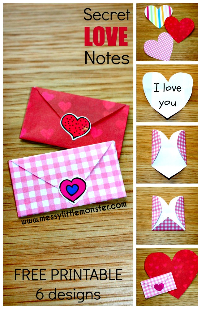 Secret love note origami. How to make tiny folded heart envelopes.  A simple paper craft for kids.  Valentines day activity with FREE PRINTABLE.