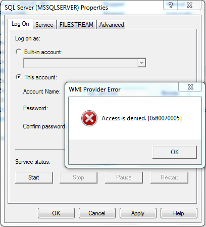 SQL Server - WMI Provider Error (Access is Denied) while changing ...