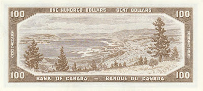 Canada currency 100 dollars banknote bill Munson's Mountain Okanagan Lake