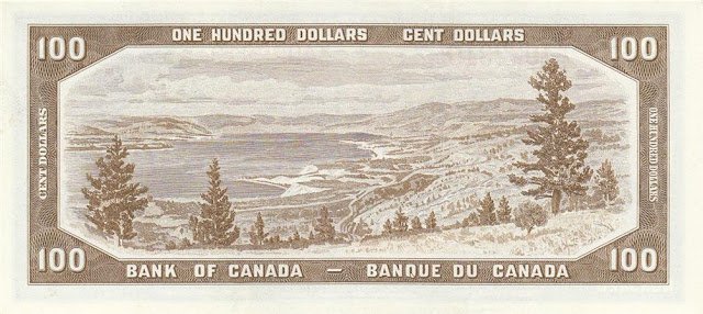 Canada currency 100 dollars banknote bill Munson's Mountain Okanagan Lake