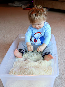 Edible Pretend Snow for Winter Sensory Play - safe for babies and toddlers!  From Fun at Home with Kids