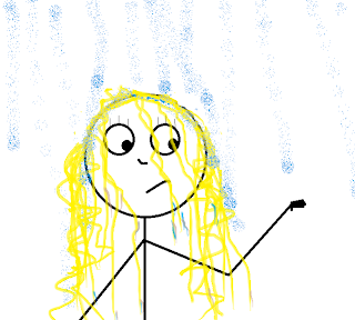 stick figure with tangled hair, weighed down by rain falling on it.  Figure holds her hand out, watching it 