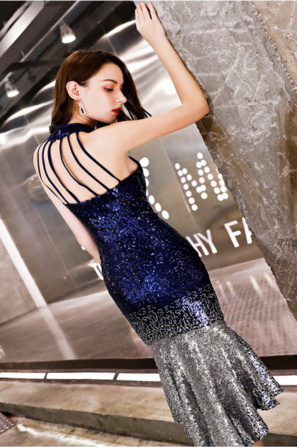 Sexy Halter Blue-Silver Sequins Party Prom Dress