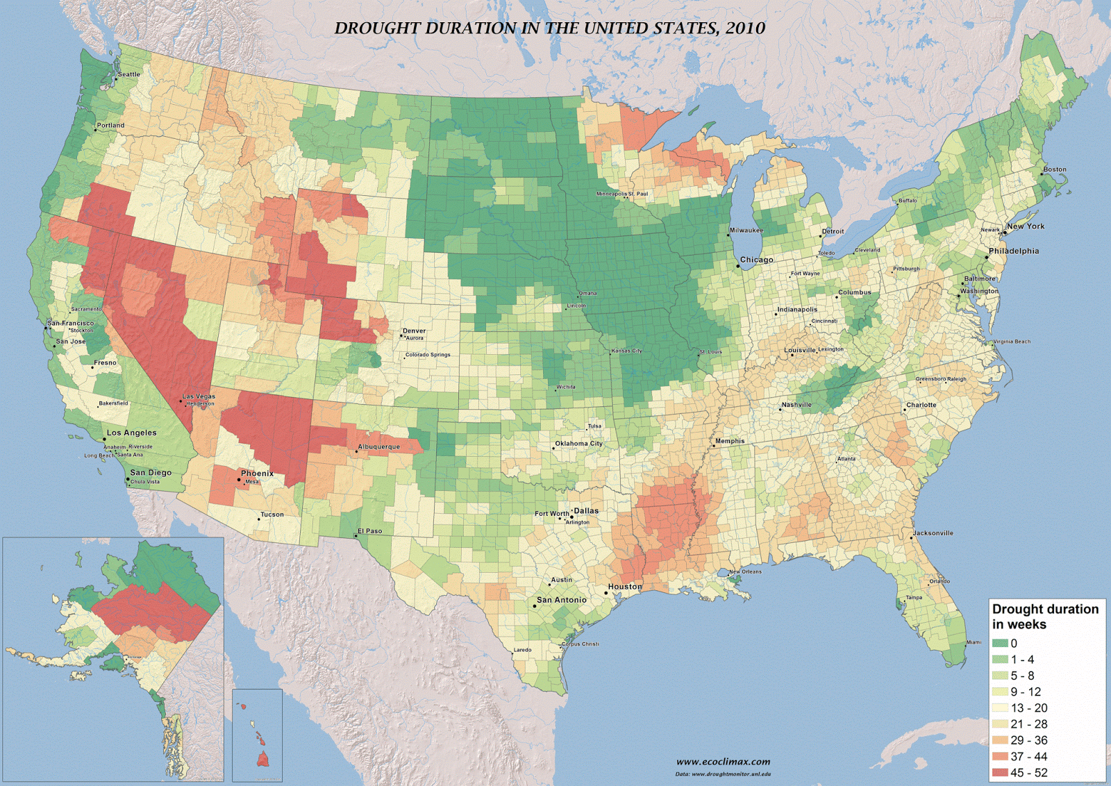 Drought duration by U.S. county (2010 - 2016)