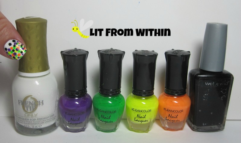 Bottle shot:  Orly Point Blanche, Kleancolor Neon Purple and Green, Funky Yellow, and Mango, and Wet 'n Wild Black Creme.