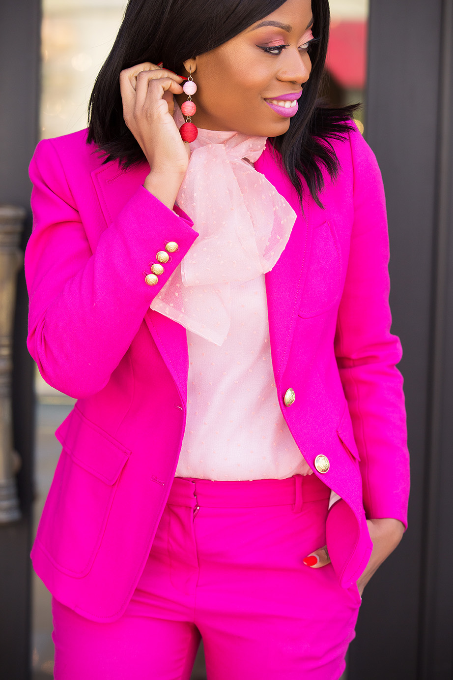 Bauble bar crispin drop earrings, JCrew pink suit, www.jadore-fashion.com