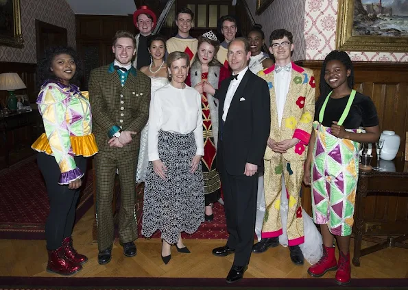 Sophie Countess of Wessex Held a Dinner for National Youth Theatre Diamond Anniversary. Countess Sophie wore Oscar De La Renta Broderie Anglaise Silk-Organza Skirt, Emilia Wickstead blouse, Christian Dior assymetric pointed-toe pump, UFO Earrings