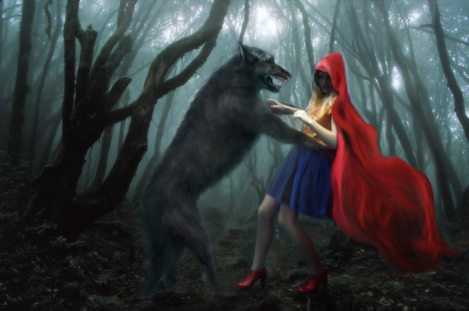 Picture of little red riding hood with the wolf. Picture of little red riding hood with the wolf.