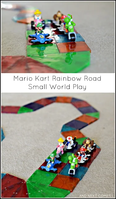 Mario Kart Rainbow Road small world play for kids using Magna-Tiles from And Next Comes L