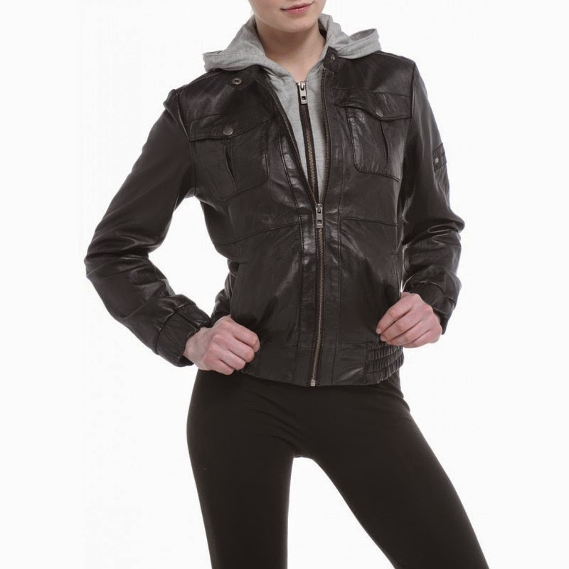 Women’s Black Leather Hooded Bomber Jacket CRICK FIELD