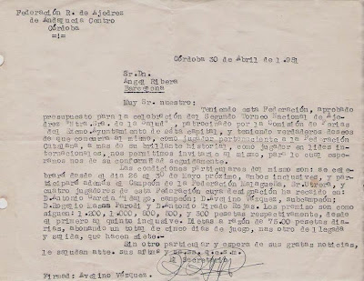 Carta del Club Ajedrez Lucena a Ángel Ribera, 1951