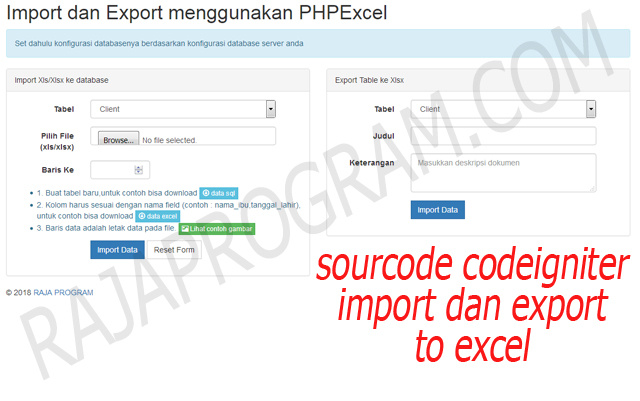 Import dan Export dengan PHPExcel Pada Codeigniter https://www.rajaprogram.com/2018/08/source-code-import-dan-export-pada-codeigniter.html