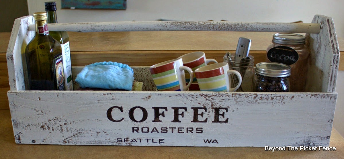 old sign stencils, coffee sign, toolbox, repurposed, paint, beyond the picket fence, http://bec4-beyondthepicketfence.blogspot.com/2015/04/coffee-toolbox.html