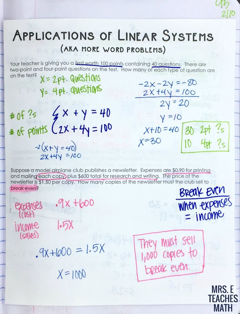 Systems of Linear Equations Word Problems INB Page  Mrs. E